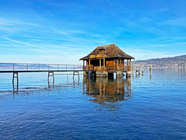 Wooden lake shore pavilion on Lake Zurich (Zurich or Zuerichsee), Wädenswil (Waedenswil) - Canton of Zurich (Zuerich), Switzerland (Switzerland) stock photo