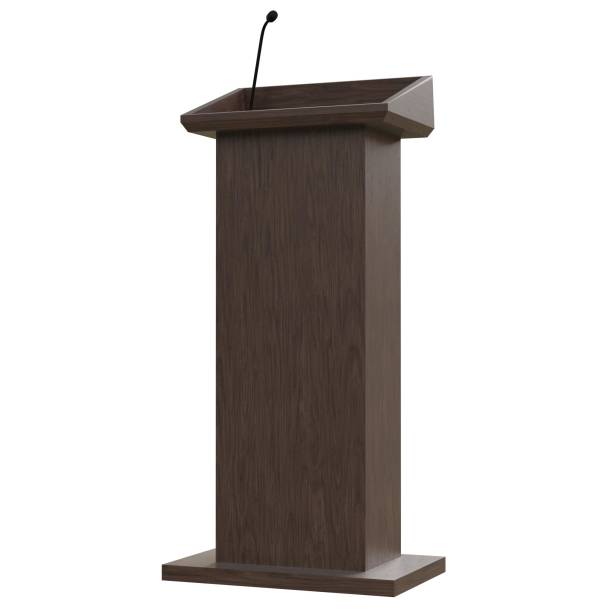Wooden podium with a microphone stock photo