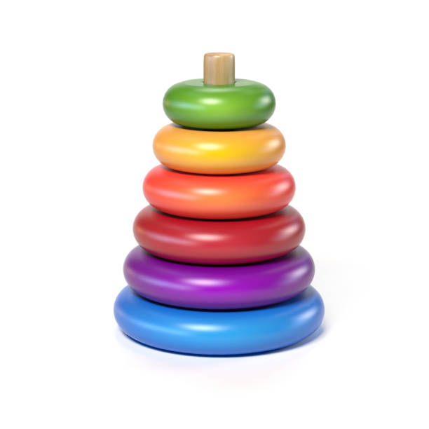 houten piramide kinder speelgoed gemaakt van kleurrijke ringen op een witte achtergrond 3d-rendering - speelgoed stockfoto's en -beelden