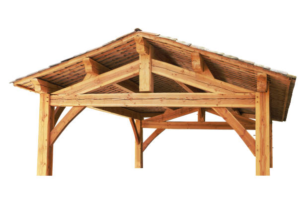 Wooden roof, isolated on white background Framing entirely of wood including pillars, beams, rafters and tiles. roof beam stock pictures, royalty-free photos & images