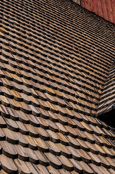 Wooden roof tiles on Gamla Uppsala Old Church stock photo