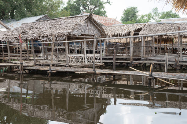 Wooden Rural huts on the river in Cambodia Jan 2016. stock photo