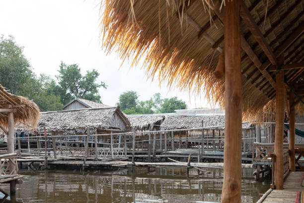 Wooden Rural huts on the river in Cambodia Jan 2016. stock photo