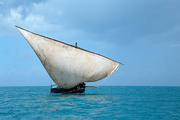 Wooden sailboat on water Wooden sailboat (dhow) on water with clouds, Zanzibar island dhow stock pictures, royalty-free photos & images