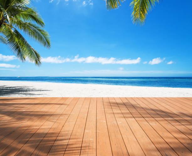 Wooden sea view terrace under palm trees beside tropical beach stock photo
