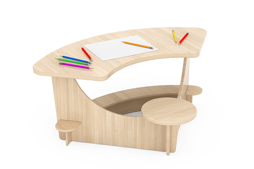 Wooden Study Kid Desk With Pencils And Picture Paper Stock Photo
