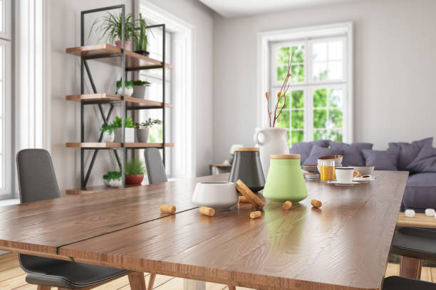 Wooden Table Top with Blur of Modern Living Room Interior Wooden Table Top with Blur of Modern Living Room Interior. 3d Render dining table stock pictures, royalty-free photos & images