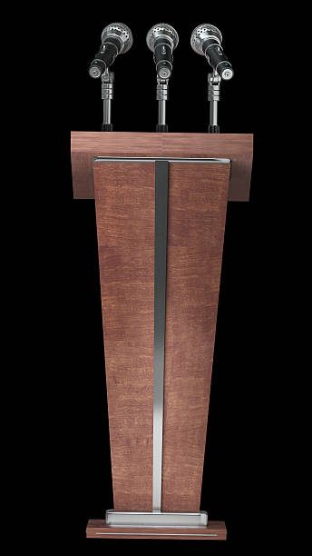 wooden tribune with microphone. High resolution 3d render stock photo