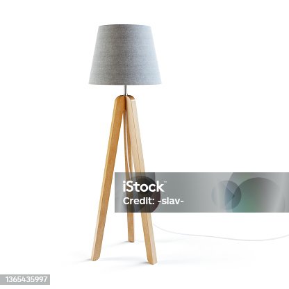 istock Wooden tripod floor loor lamp isolated on white background. Clipping path included. 3D render. 1365435997