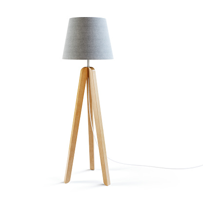 Wooden tripod floor loor lamp isolated on white background. Clipping path included. 3D render. 3D illustration.