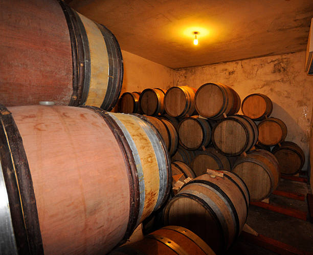 Wooden wine barrels at Somek Estate Winery in Israel stock photo