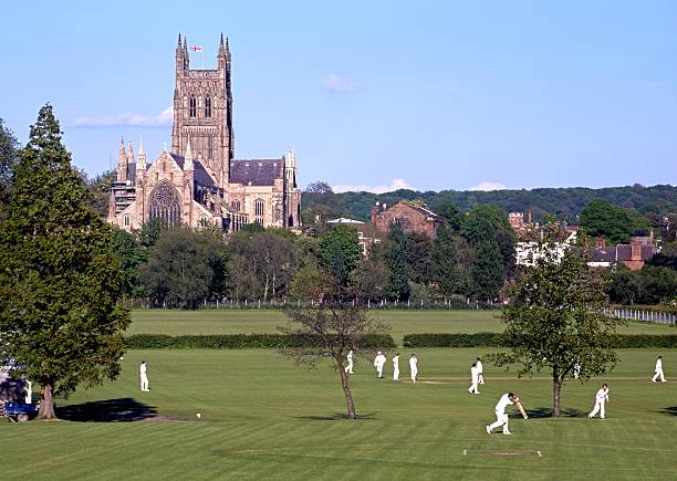 Worcester Cathedral and cricketers. stock photo