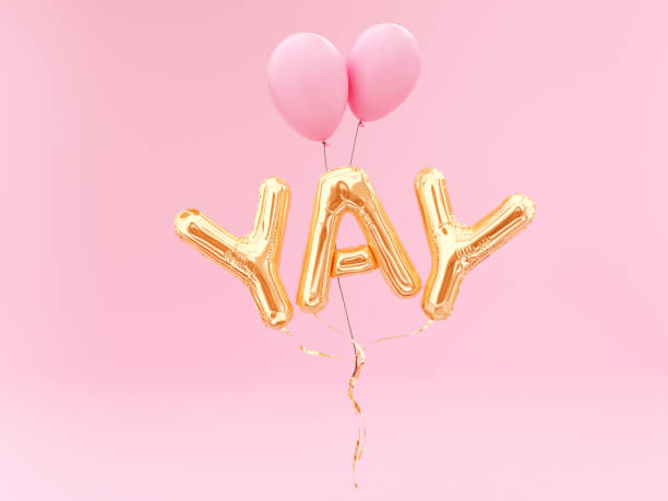 yay word, foil balloon letters - comemoração conceito imagens e fotografias de stock