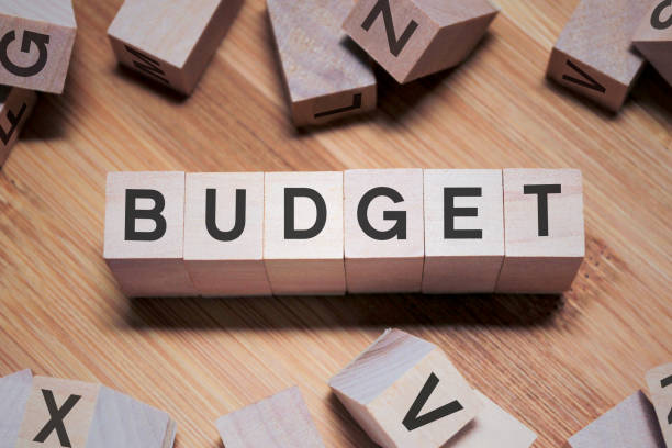 budget wort in wooden cube - budget stock-fotos und bilder