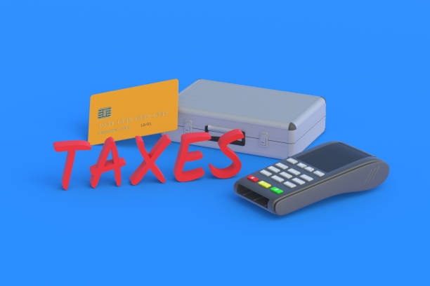 word taxes near metal suitcase and cash register, plastic card on blue background. the concept of paying and rules of tax. payment time. reporting period. income annual. taxation reform. 3d render - sdfdsf imagens e fotografias de stock