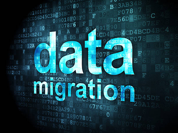 Words Data Migration on digital background Information concept: pixelated words Data Migration on digital background, 3d render animal migration stock pictures, royalty-free photos & images