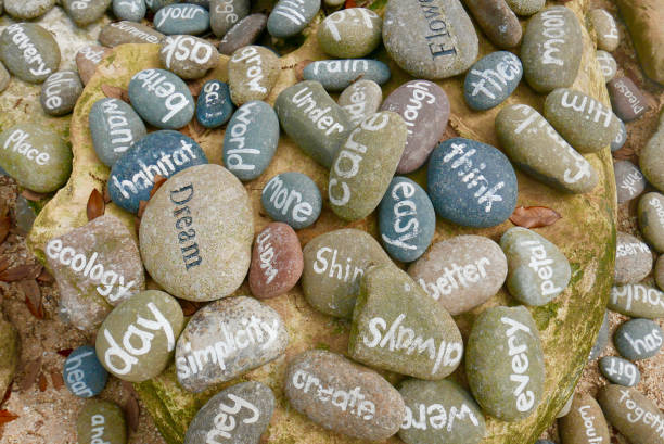 Words painted on stones in a pile stock photo