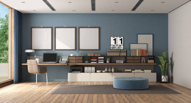 Work at home in a large white and blue room Work at home in a large room with desk and sideboard against blue wall - 3d rendering
Note: the room does not exist in reality, Property model is not necessary shelf photos stock pictures, royalty-free photos & images