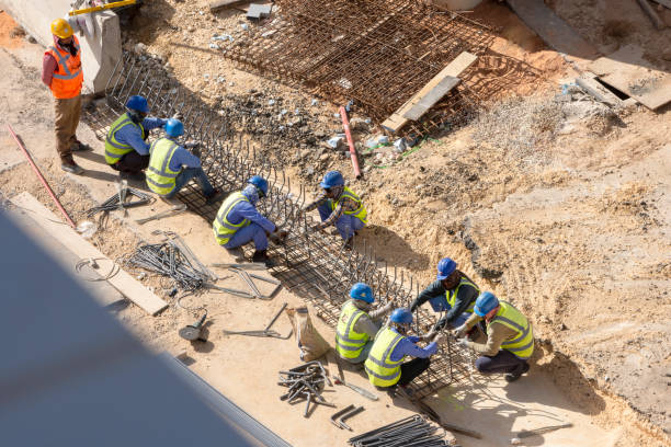 workers being being constructed way stock photo