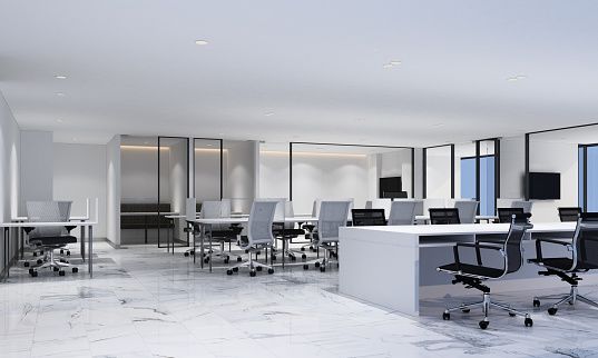 Working area in modern office with white marble floor and meeting room. interior 3d rendering