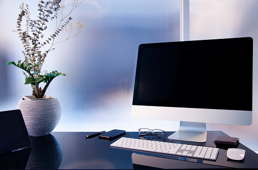 Workplace With Modern Desktop Computer On Glass Table Mock Up