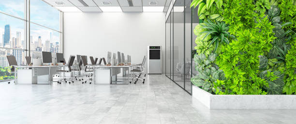 workspace panorama with green plants - hangplant wood stockfoto's en -beelden