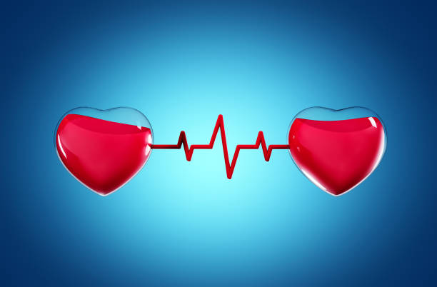 World Blood Donor Day, June 14th, blood transferring From 1 heart to other heart concept 3d illustration stock photo