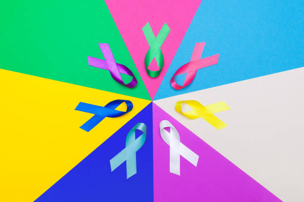 world cancer day background. colorful ribbons, cancer awareness. multi-colored surface. - world cancer day imagens e fotografias de stock