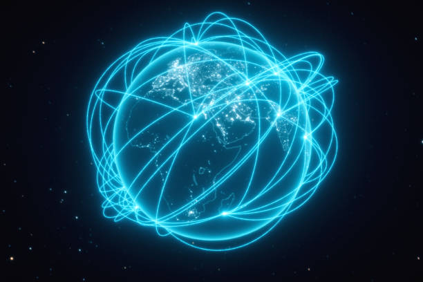 world connections with city lights. blue. earth globe. spinning earth with light lines growing from major cities all over the world. 3d illustration - planet zoom out imagens e fotografias de stock