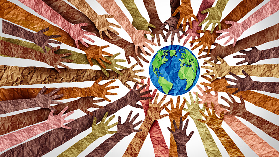 World culture earth day and global diversity and international cultures as a concept of diverse races and crowd cooperation symbol as hands holding together the planet earth in a 3D illustration style.