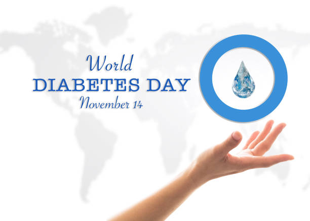 World diabetes day concept with blue circle symbolic logo on protective hands and world map background for diabetic disease prevention screening awareness campaign World diabetes day concept with blue circle symbolic logo on protective hands and world map background for diabetic disease prevention screening awareness campaign diabetes awareness month stock pictures, royalty-free photos & images