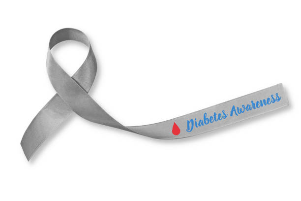 World diabetes day with grey ribbon and red blood drop (bow isolated on white background with clipping path) for diabetic disease awareness World diabetes day with grey ribbon and red blood drop (bow isolated on white background with clipping path) for diabetic disease awareness diabetes awareness month stock pictures, royalty-free photos & images