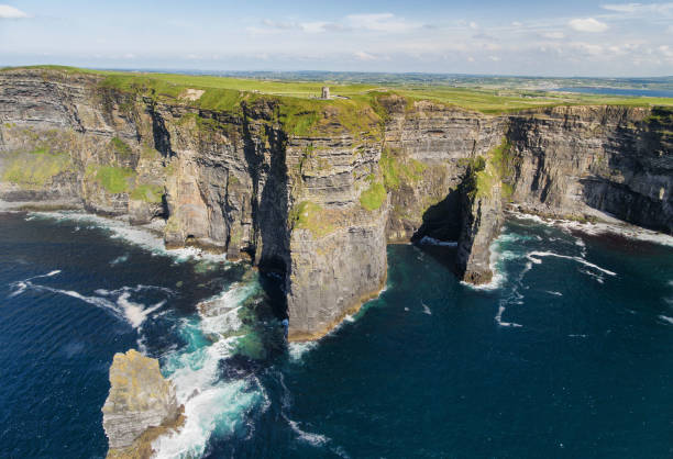 World Famous Birds Eye Aerial View Of The Cliffs Of Moher, County Clare, Ireland World Famous Birds Eye Aerial View Of The Cliffs Of Moher, County Clare, Ireland. Scenic Irish Countryside Landscape. cliffs of moher stock pictures, royalty-free photos & images