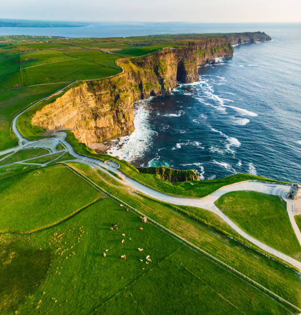 World famous Cliffs of Moher, one of the most popular tourist destinations in Ireland. Aerial view of known tourist attraction on Wild Atlantic Way in County Clare. World famous Cliffs of Moher, one of the most popular tourist destinations in Ireland. Aerial view of widely known tourist attraction on Wild Atlantic Way in County Clare. cliffs of moher stock pictures, royalty-free photos & images