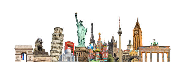 World landmarks and famous monuments collage isolated on panoramic white background World landmarks and famous monuments collage isolated on panoramic white background unesco world heritage site stock pictures, royalty-free photos & images