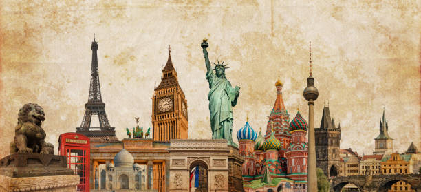 World landmarks photo collage on vintage tes sepia textured background, travel, tourism and study around the world concept, vintage postcard World landmarks photo collage on vintage tes sepia textured background, travel, tourism and study around the world concept, vintage postcard world map photos stock pictures, royalty-free photos & images