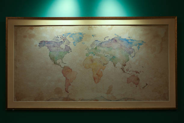 World map made on canvas with watercolors stock photo