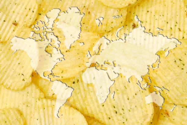 World map on the background of potato chips as an export concept. World map on the background of potato chips as an export concept spices of the world stock pictures, royalty-free photos & images