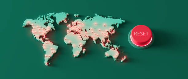 World map with global reset button 3d render stock photo
