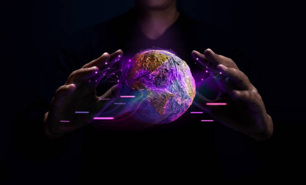 World Technology Concepts. Global Network and Data Exchange. Worldwide Business. Telecommunication, Finance and Internet of Things. Gesture Hand Levitating Globe stock photo