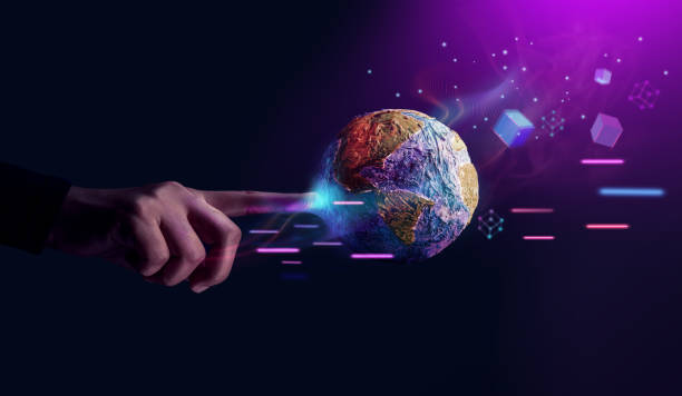 World Technology Concepts. Metaverse, Web3 and Blockchain. Global Network and Data Exchange. Worldwide Business. Hand Touching to Interact with the Globe stock photo