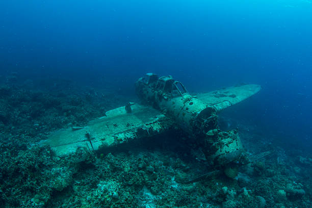 II World War Japanese Seaplane Jake - Aichi E13A1-1 Navy Floatplane. Beautiful scenario of a II WW Japanese seaplane sunken in Palau - Micronesia. The Jake, name given by the allies, could be found in many lagoons where the land mass did not support an airfield, but they also operated from cruisers and battleships. The Jake is located Northwest of Palau Pacific Resort, 500 yards west of Meyuns sea ramp. babeldaob island stock pictures, royalty-free photos & images