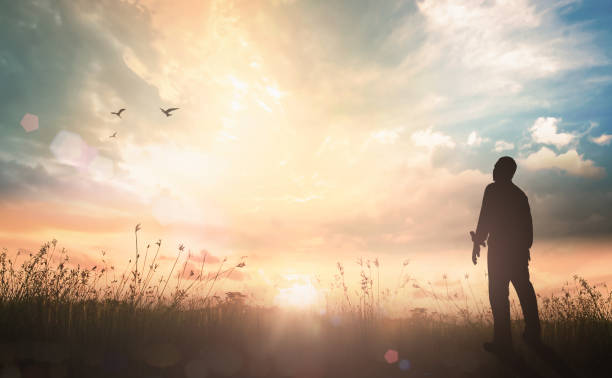 Worship and praise God concept Worship and praise God concept: Silhouette humble man standing on sunlight with meadow autumn sunset background rehabilitation stock pictures, royalty-free photos & images