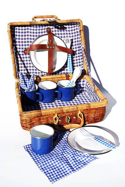 A woven case with blue checkered picnic supplies stock photo