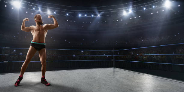 Wrestling show. Wrestler in a bright sport clothes and face mask in the ring Wrestling show. Wrestler in a bright sport clothes and face mask in professional ring. Athlete demonstrates his muscles boxing ring stock pictures, royalty-free photos & images