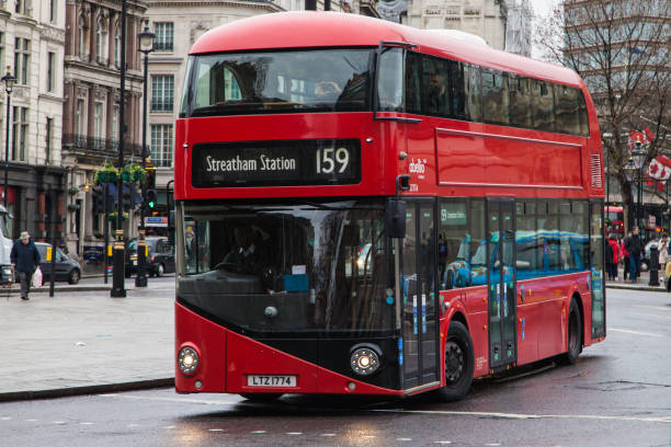 Wrightbus New Routemaster at Trafalgar Square London, United Kingdom - December 23, 2019: Wrightbus New Routemaster travelling around Trafalgar Square heading towards Streatham Station on route 159, London, United Kingdom. double decker bus stock pictures, royalty-free photos & images