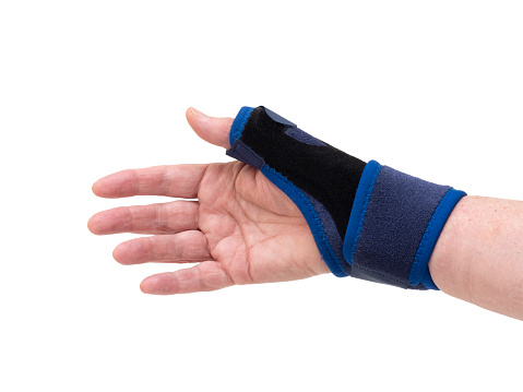Strap for supporting wrist to aid during recovery from RSI or other injury.  Isolated on white.