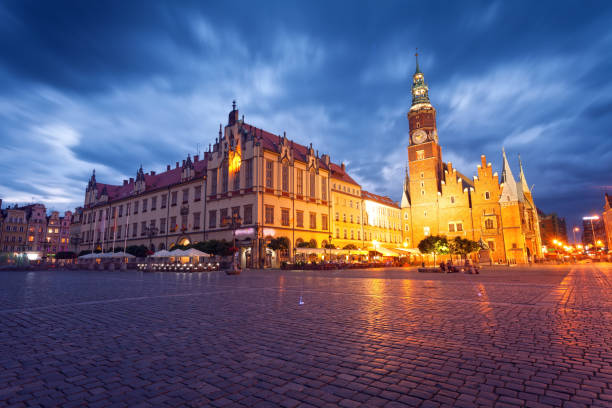 Wroclaw market square, cityscape at dusk stock photo