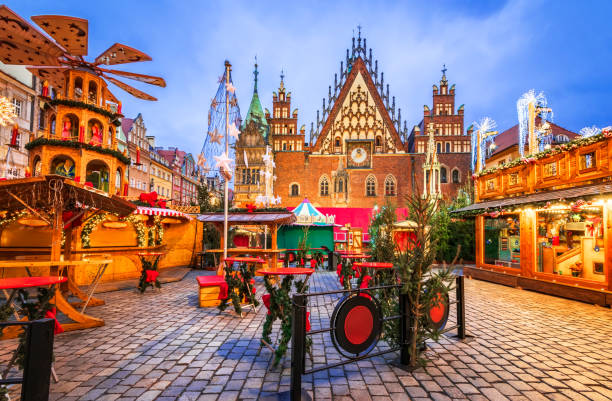 Wroclaw, Poland - Winter Christmas Market Wroclaw, Poland. Winter traveling background with famous Christmas Market of Europe. wroclaw stock pictures, royalty-free photos & images