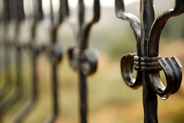 Wrought iron fence after rain Black wrought iron fence and the raindrop rusty fence stock pictures, royalty-free photos & images